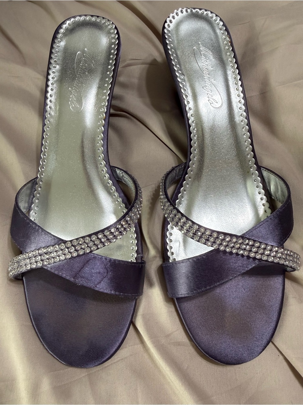 Satin Crystal-Embellished Slip-On Heels - Purple size 10